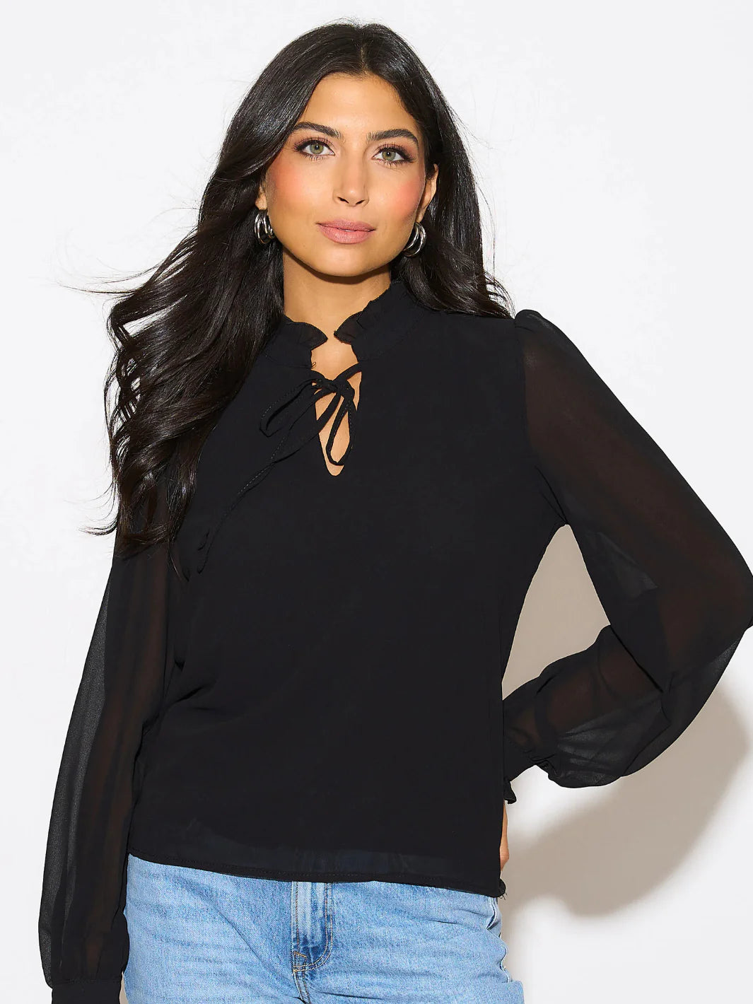 Kate And Pippa Pia Long sleeve blouse with neck tie.