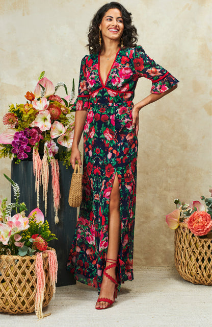 Hope &amp; Ivy Jemma Frill Sleeve Thigh Split Open Back Maxi Dress with Lace Trim