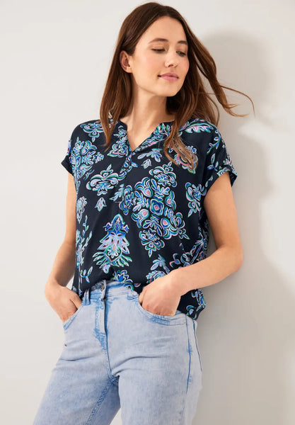 Cecil short sleeve ornamnet print blouse in white or navy 344025