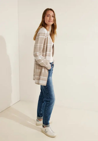 Cecil long check cardigan in soft neutral tones 253651
