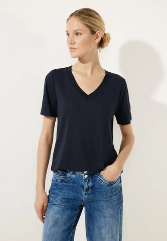 Street One Navy Top with ribbed v neck detail 320349