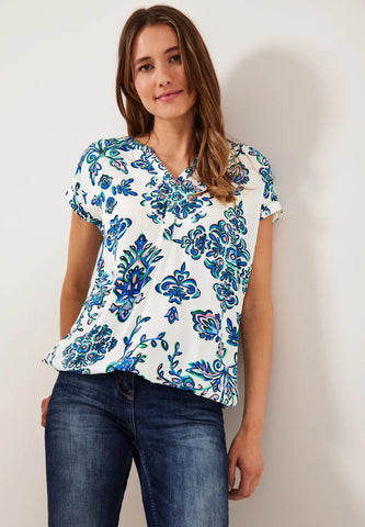 Cecil short sleeve ornamnet print blouse in white or navy 344025