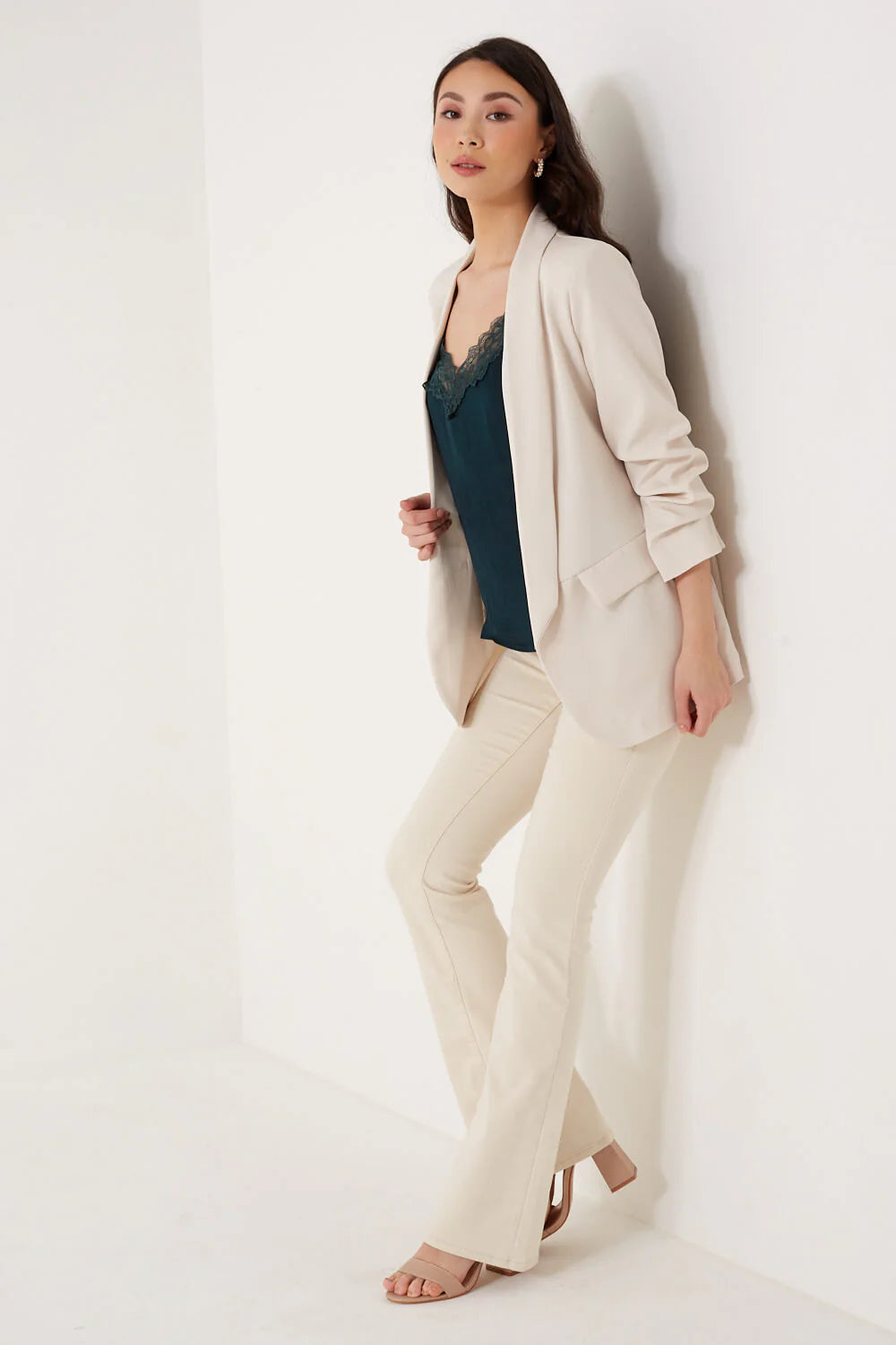 Marc Angelo Ruched Sleeve Open Blazer in Beige 6078