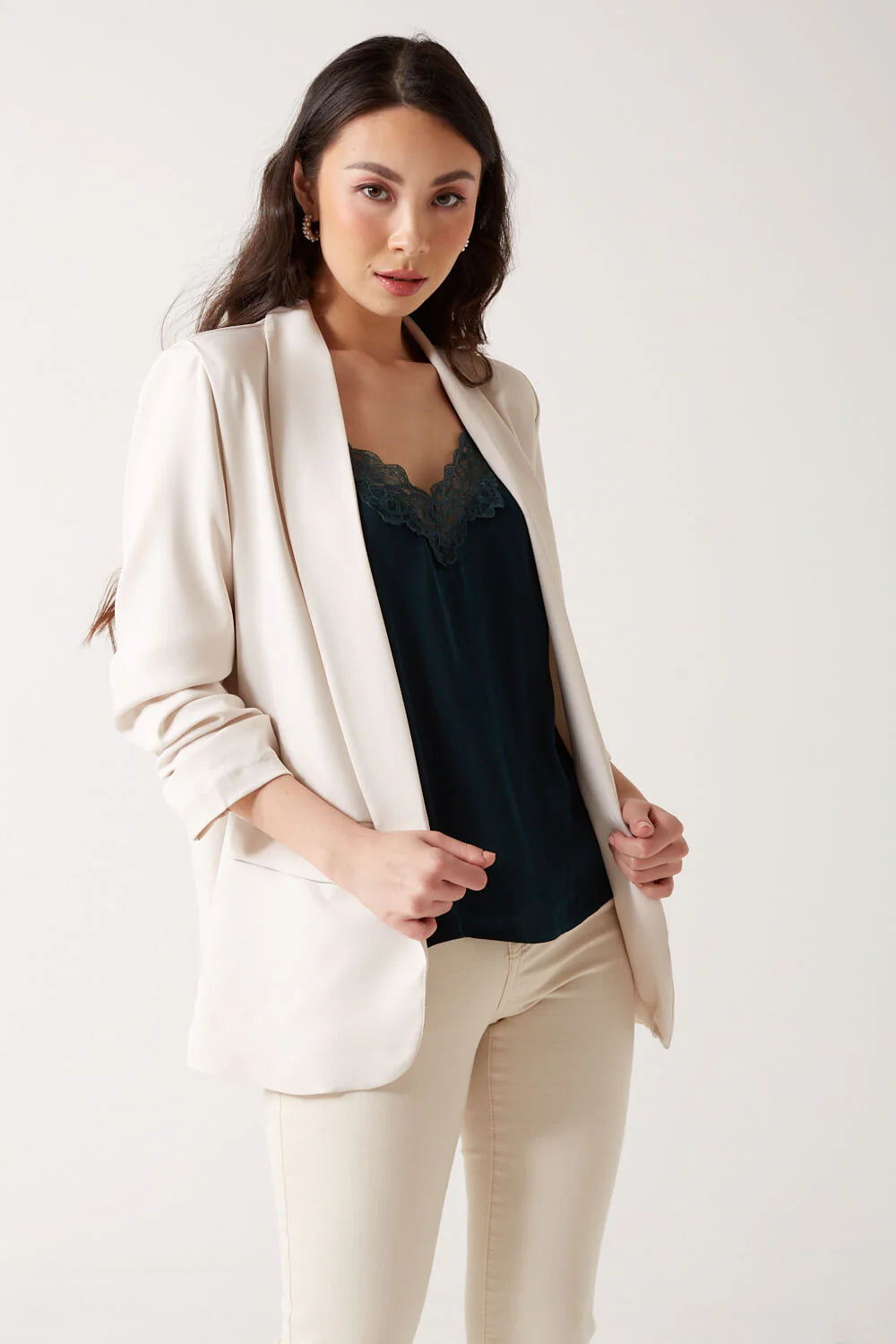 Marc Angelo Ruched Sleeve Open Blazer in Beige 6078