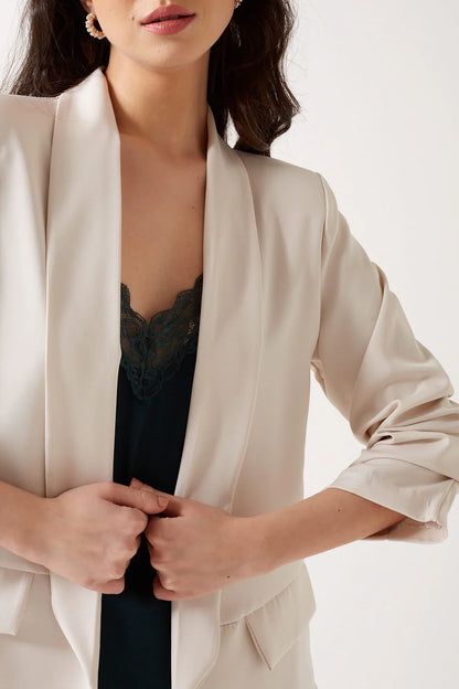 Marc Angelo Ruched Sleeve Open Blazer in Beige 6078