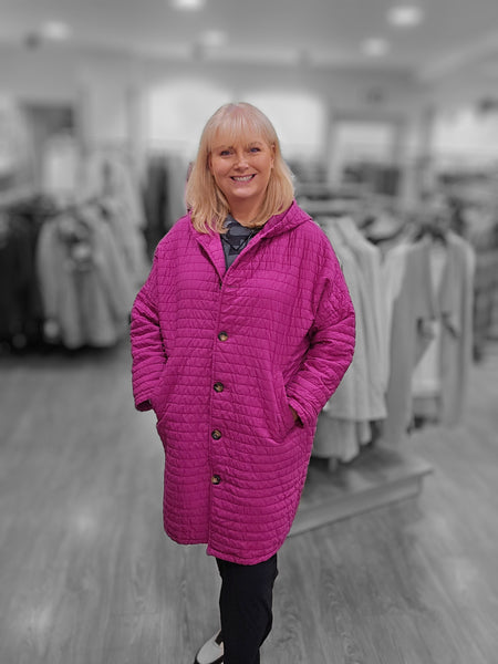 Magenta Quilted coat with Hood.