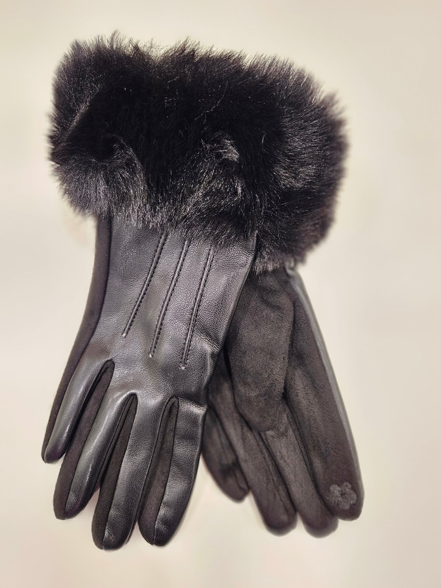 Faux Leather and Suede Velvet lined gloves with Fur Cuffs. All Colours