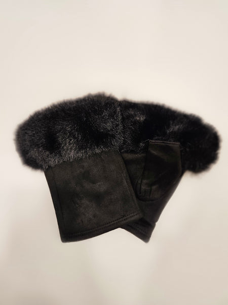 Faux suede velvet lined fingerless gloves with fur trim