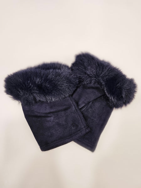 Faux suede velvet lined fingerless gloves with fur trim