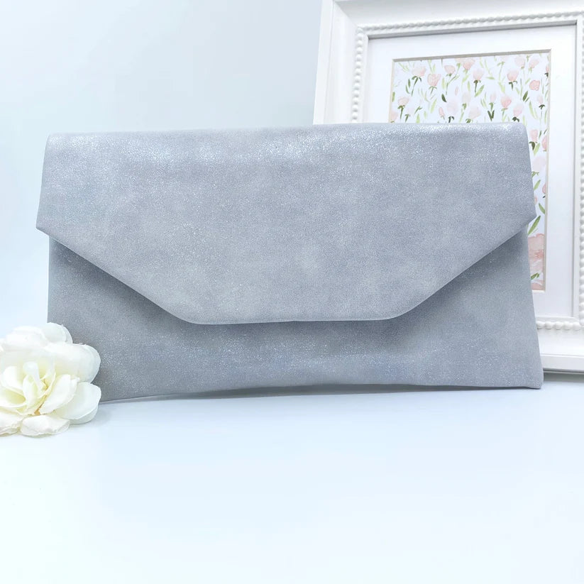 Faux suede soft envelope clutch in silver