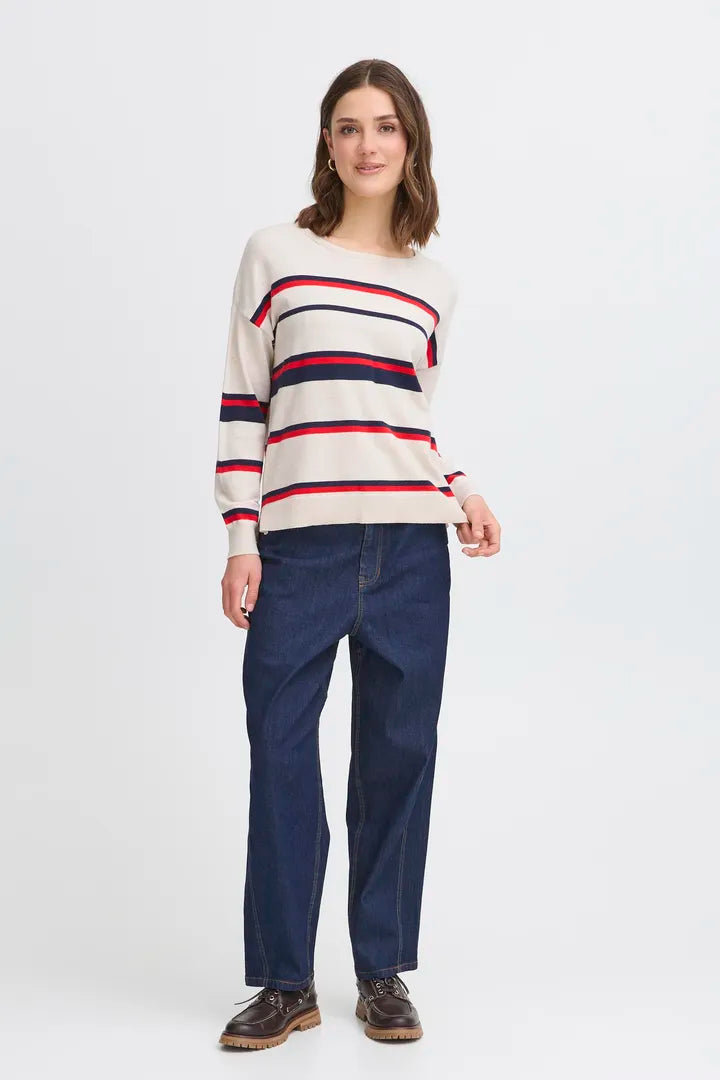 Fransa fine Round neck jumper with navy and red stripe 20616067