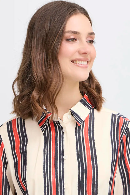 Fransa Vertical stripe blouse in Cream red and navy 20616080