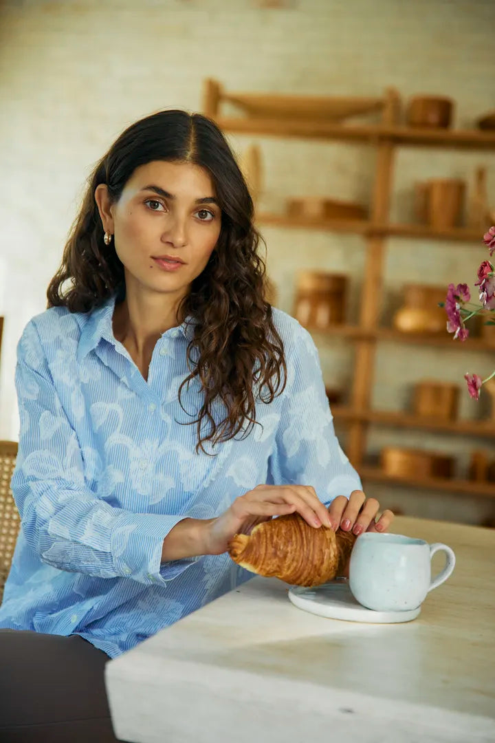 Fransa  Blue pinstripe shirt with 3d flower motif 20616010