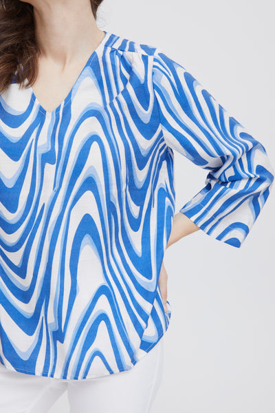 Fransa V Neck Swirl print blouse in Coral or Blue Print 0614066