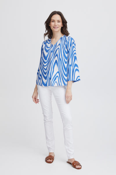 Fransa V Neck Swirl print blouse in Coral or Blue Print 0614066