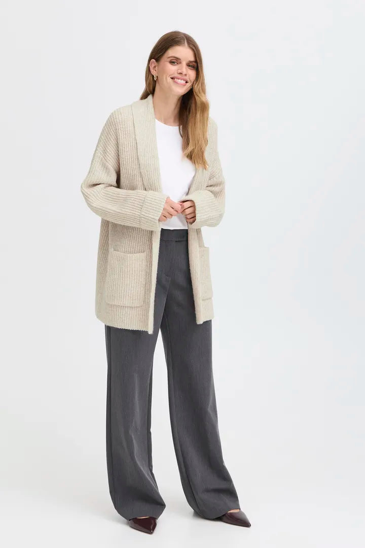 Fransa Long Edge to Edge Cardigan with pockets in Oatmeal 20617149