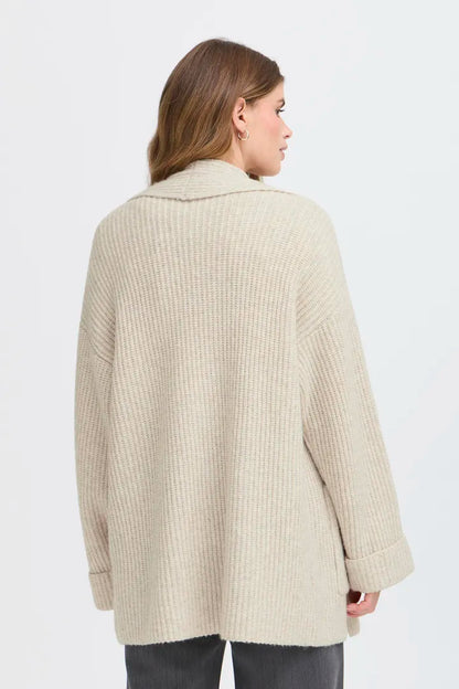 Fransa Long Edge to Edge Cardigan with pockets in Oatmeal 20617149