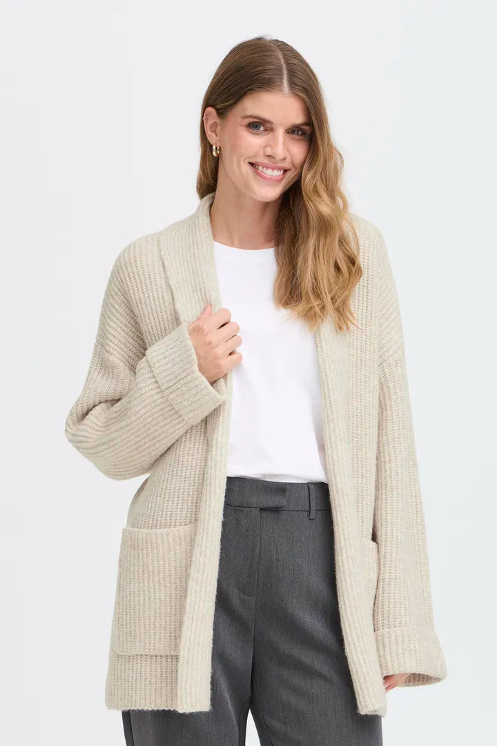 Fransa Long Edge to Edge Cardigan with pockets in Oatmeal 20617149