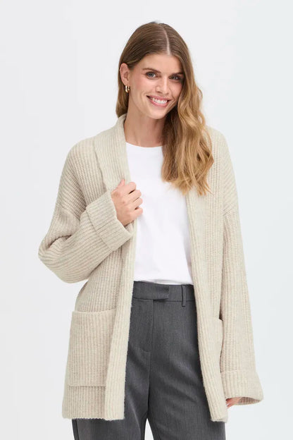 Fransa Long Edge to Edge Cardigan with pockets in Oatmeal 20617149
