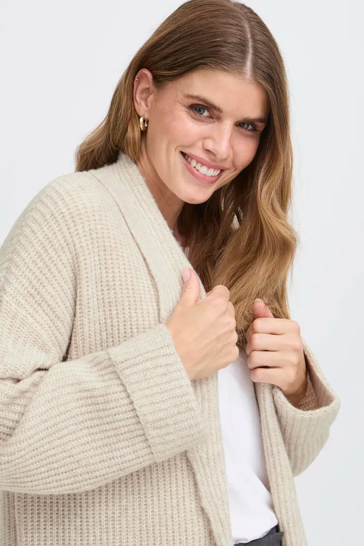 Fransa Long Edge to Edge Cardigan with pockets in Oatmeal 20617149