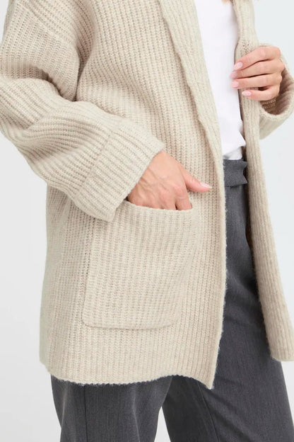Fransa Long Edge to Edge Cardigan with pockets in Oatmeal 20617149