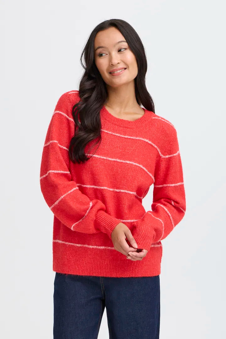 Fransa Round Neck Long Sleeve jumper in Chilli Red with white stripe 20615961