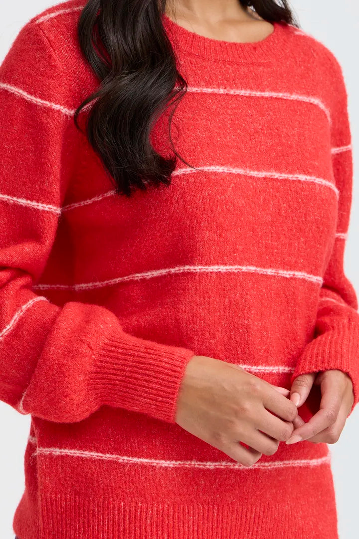 Fransa Round Neck Long Sleeve jumper in Chilli Red with white stripe 20615961
