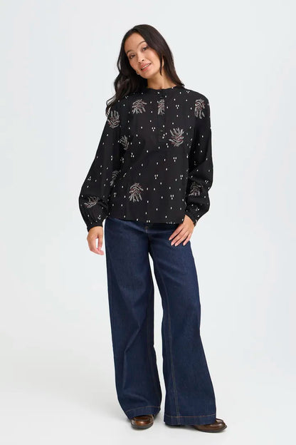 Fransa Black Long Sleeve cotton blouse 20617013