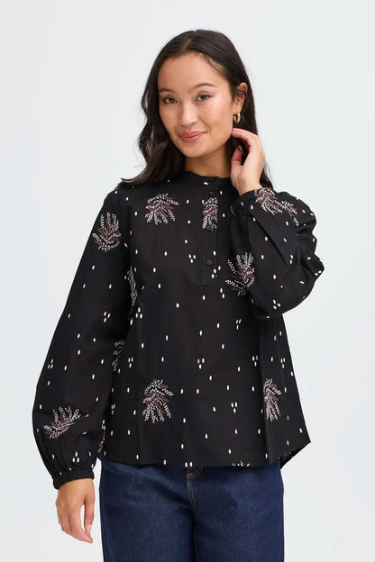 Fransa Black Long Sleeve cotton blouse 20617013
