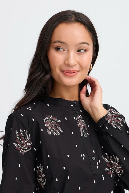 Fransa Black Long Sleeve cotton blouse 20617013