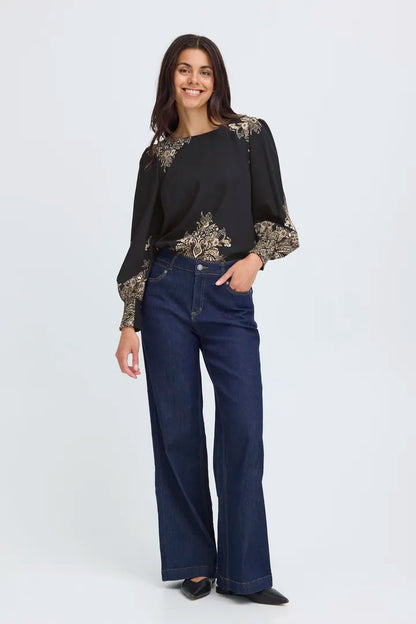 Fransa Baroque print blouse in Black or cream 20617327