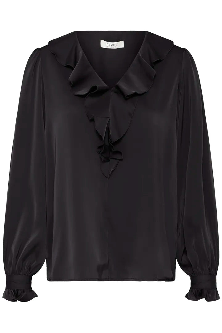Byoung Satin V Neck Blouse with frill detail in Black or Fudge 20815848