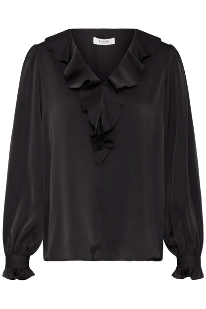 Byoung Satin V Neck Blouse with frill detail in Black or Fudge 20815848
