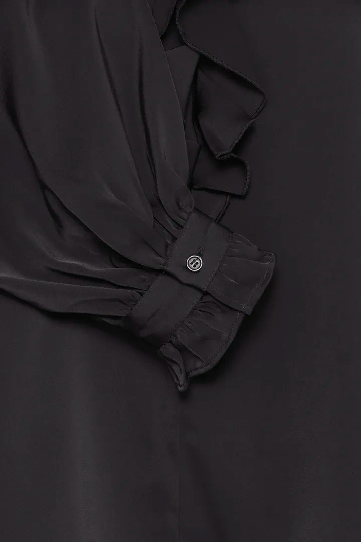 Byoung Satin V Neck Blouse with frill detail in Black or Fudge 20815848