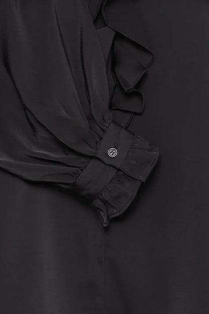 Byoung Satin V Neck Blouse with frill detail in Black or Fudge 20815848