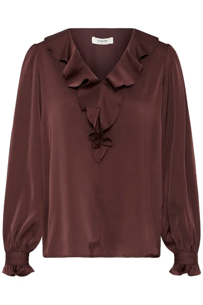 Byoung Satin V Neck Blouse with frill detail in Black or Fudge 20815848