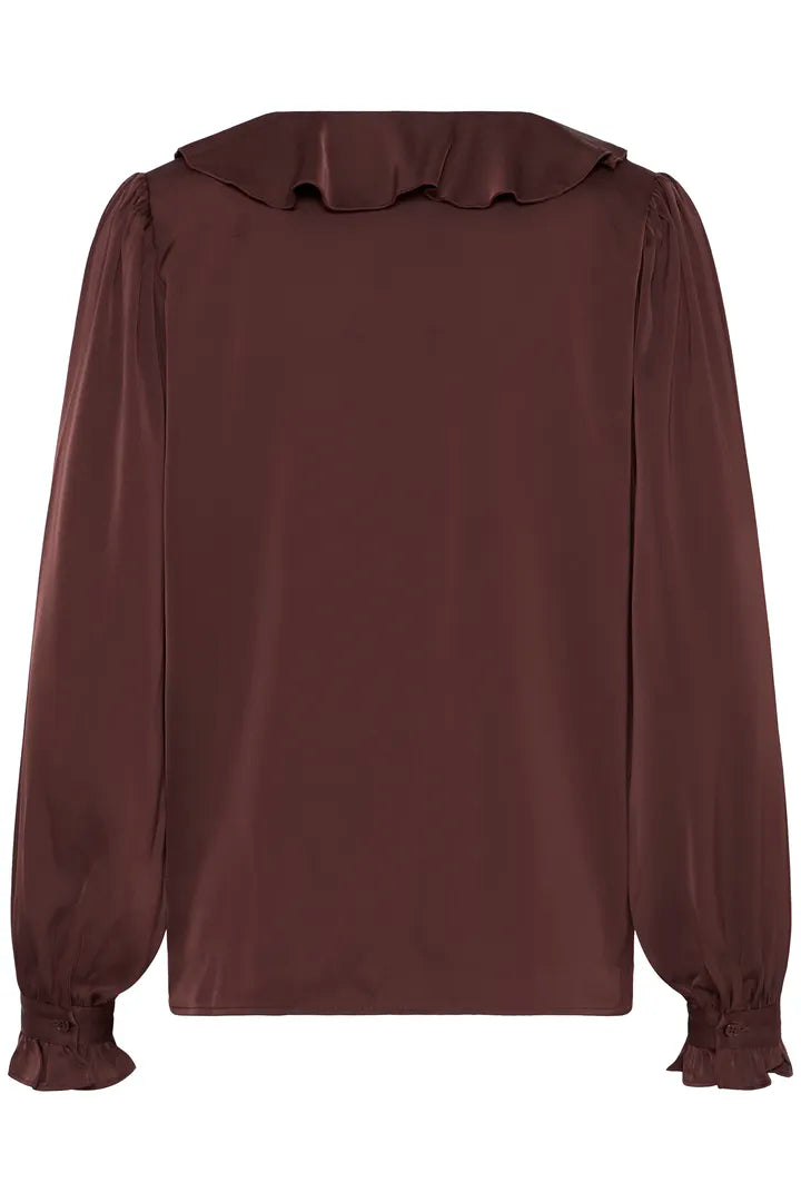 Byoung Satin V Neck Blouse with frill detail in Black or Fudge 20815848