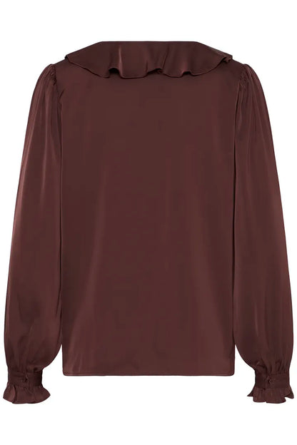 Byoung Satin V Neck Blouse with frill detail in Black or Fudge 20815848