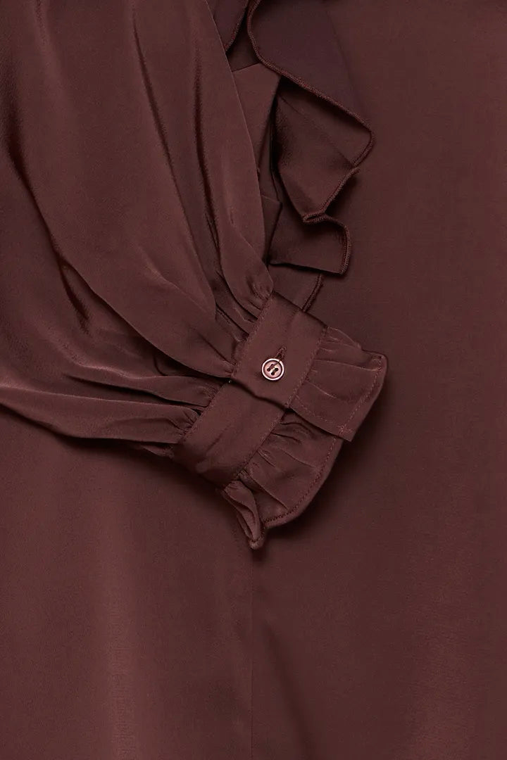 Byoung Satin V Neck Blouse with frill detail in Black or Fudge 20815848