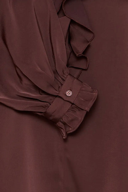 Byoung Satin V Neck Blouse with frill detail in Black or Fudge 20815848