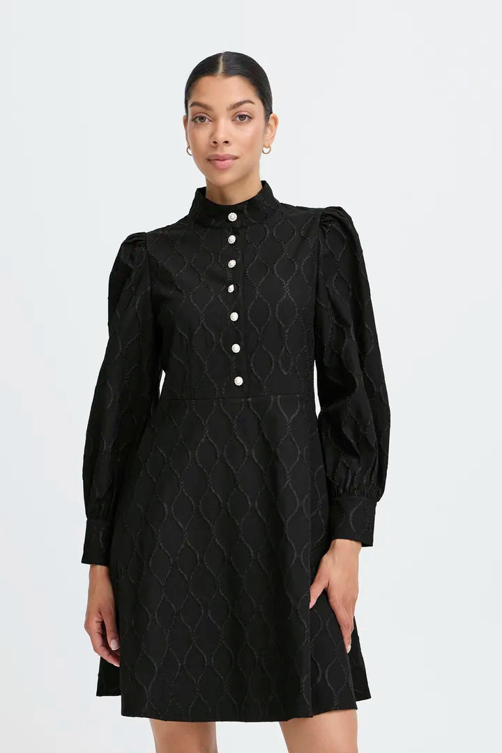 Byoung Ripple Dress with pearl and crystal buttons in True black