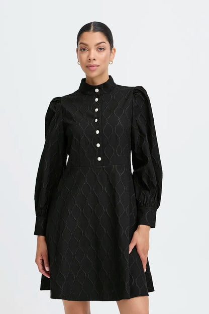 Byoung Ripple Dress with pearl and crystal buttons in True black