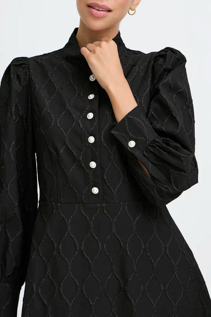 Byoung Ripple Dress with pearl and crystal buttons in True black