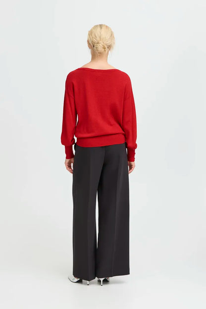 Byoung round neck Shimmer knit with button detail cuffs in Red or Black