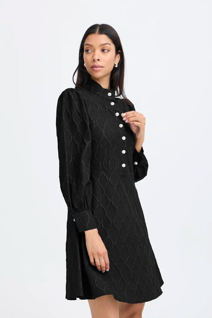 Byoung Ripple Dress with pearl and crystal buttons in True black