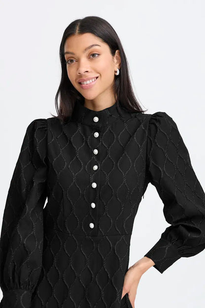 Byoung Ripple Dress with pearl and crystal buttons in True black