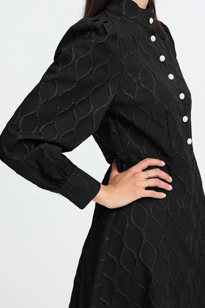 Byoung Ripple Dress with pearl and crystal buttons in True black