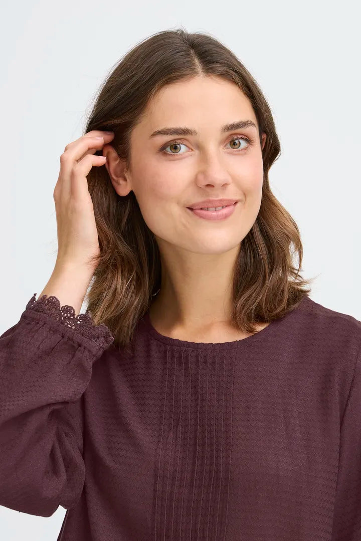Fransa Roundneck blouse with lace cuff detail in Fudge or Black  20617375