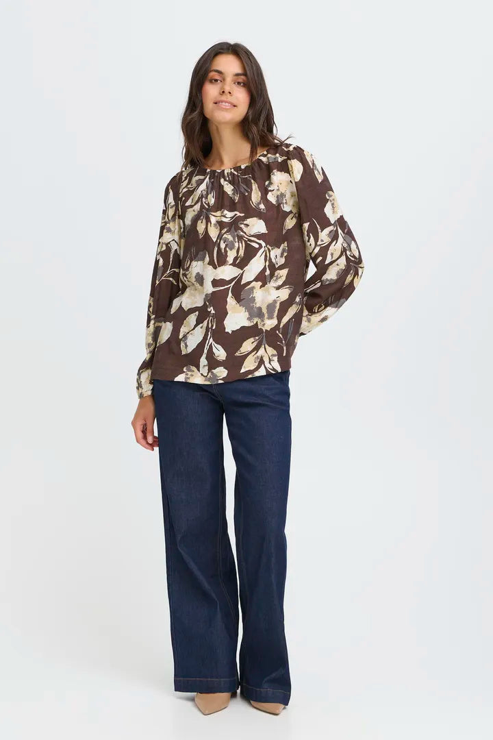 Fransa Vintage Print round neck blouse in Black or Fudge print 20617195