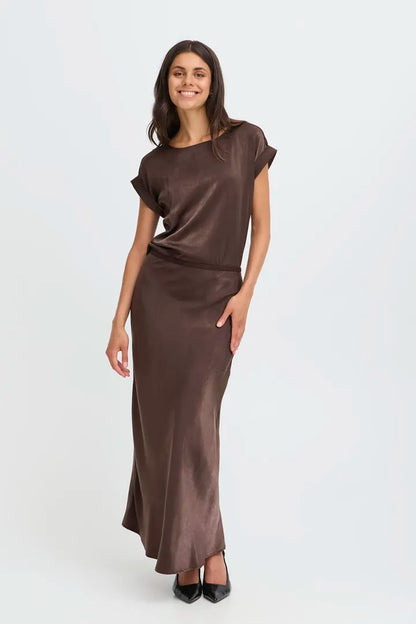 Fransa Satin Maxi skirt in Fudge
